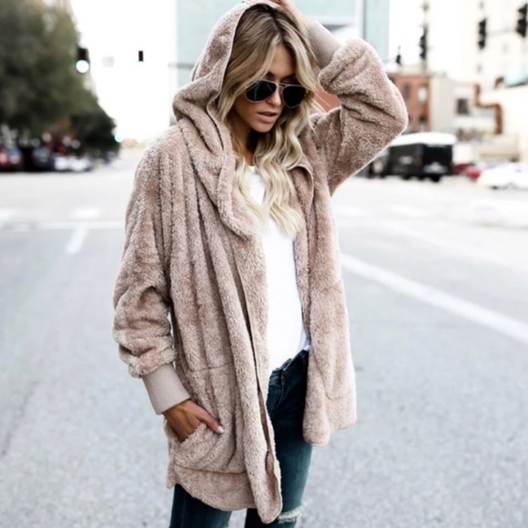 LAST ONE! • Taupe Tan Beige Sherpa Jacket Cardigan - Picture 2 of 8